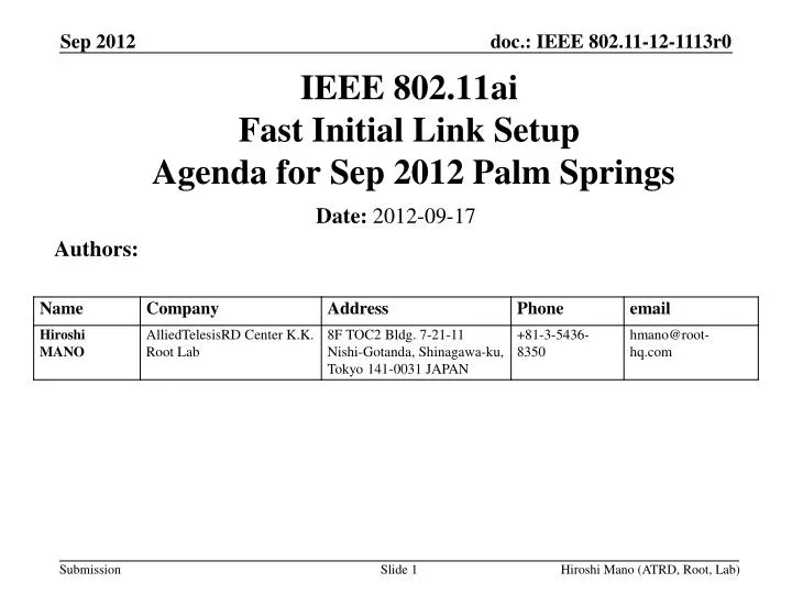 ieee 802 11ai fast initial link setup agenda for sep 2012 palm springs