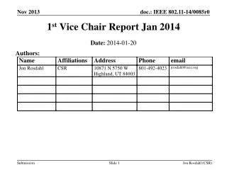 1 st Vice Chair Report Jan 2014