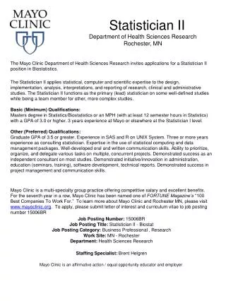 Statistician II Department of Health Sciences Research Rochester, MN