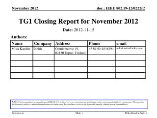 TG1 Closing Report for November 2012