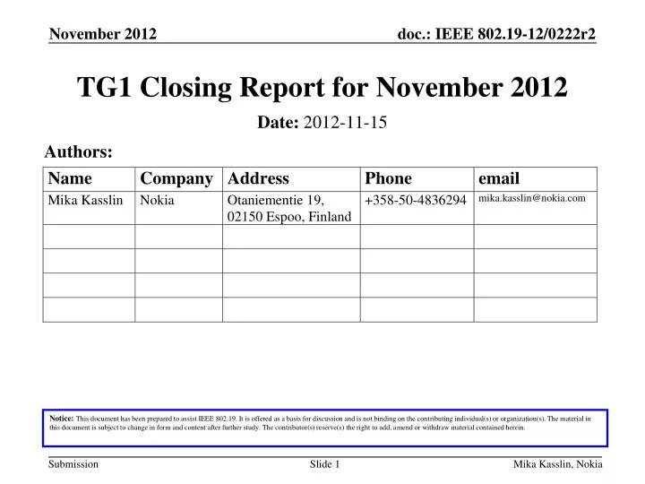 tg1 closing report for november 2012