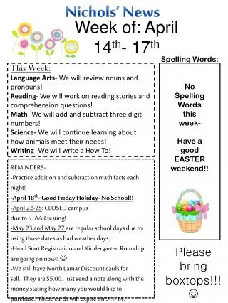 Spelling Words : No Spelling Words this week- Have a good EASTER weekend !!