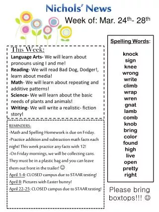 Spelling Words : knock sign knee wrong write climb wrap wren gnat lamb comb knob bring color found