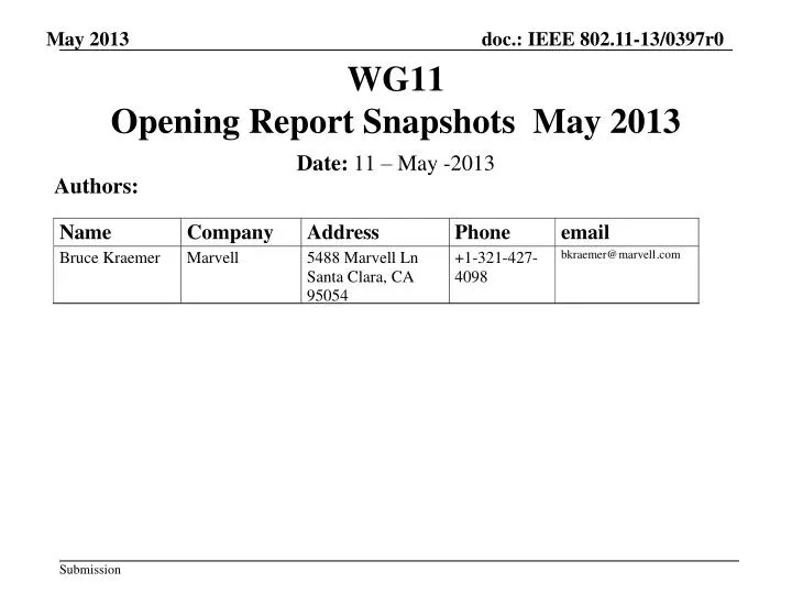 wg11 opening report snapshots may 2013
