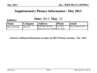 Supplementary Plenary Information - May 2013