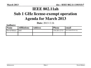 IEEE 802.11ah Sub 1 GHz license-exempt operation Agenda for March 2013