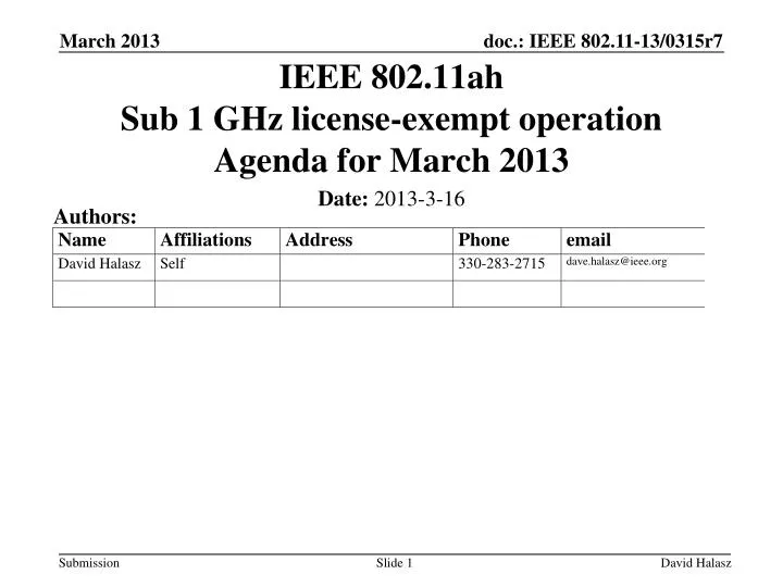 ieee 802 11ah sub 1 ghz license exempt operation agenda for march 2013
