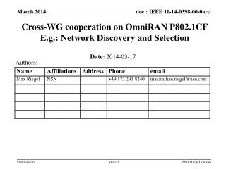 Cross-WG cooperation on OmniRAN P802.1CF E.g.: Network Discovery and Selection