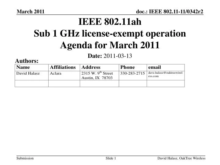 ieee 802 11ah sub 1 ghz license exempt operation agenda for march 2011