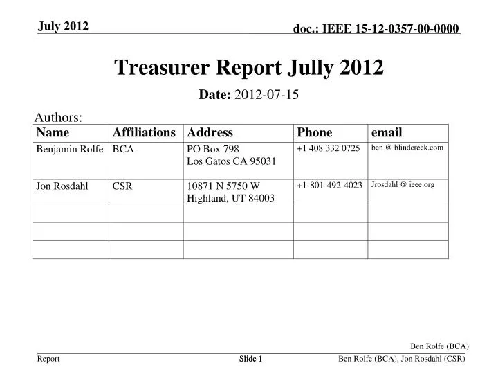 treasurer report jully 2012