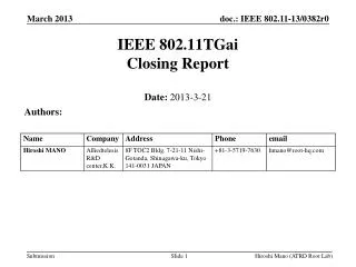 IEEE 802.11TGai Closing Report