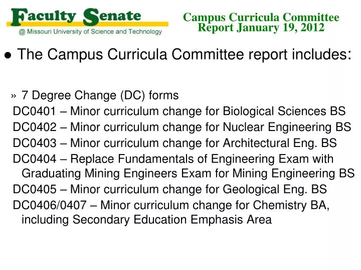 campus curricula committee report january 19 2012