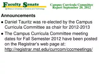 Campus Curricula Committee Report September 20, 2012