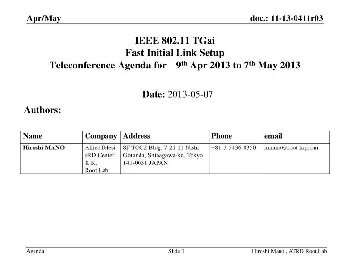ieee 802 11 tgai fast initial link setup teleconference agenda for 9 th apr 2013 to 7 th may 2013