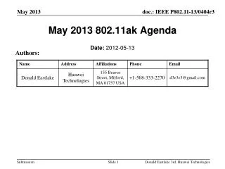 May 2013 802.11ak Agenda
