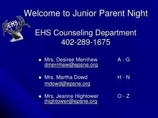 Welcome to Junior Parent Night EHS Counseling Department 402-289-1675