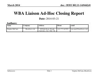 WBA Liaison Ad-Hoc Closing Report