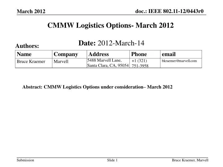 cmmw logistics options march 2012