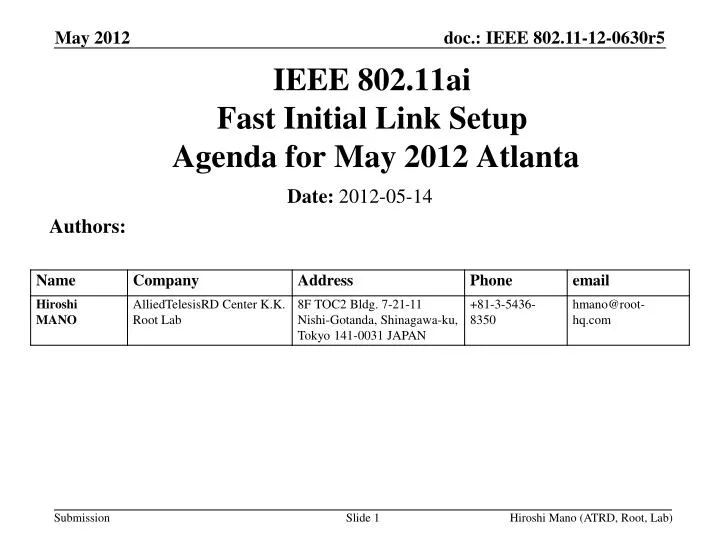 ieee 802 11ai fast initial link setup agenda for may 2012 atlanta