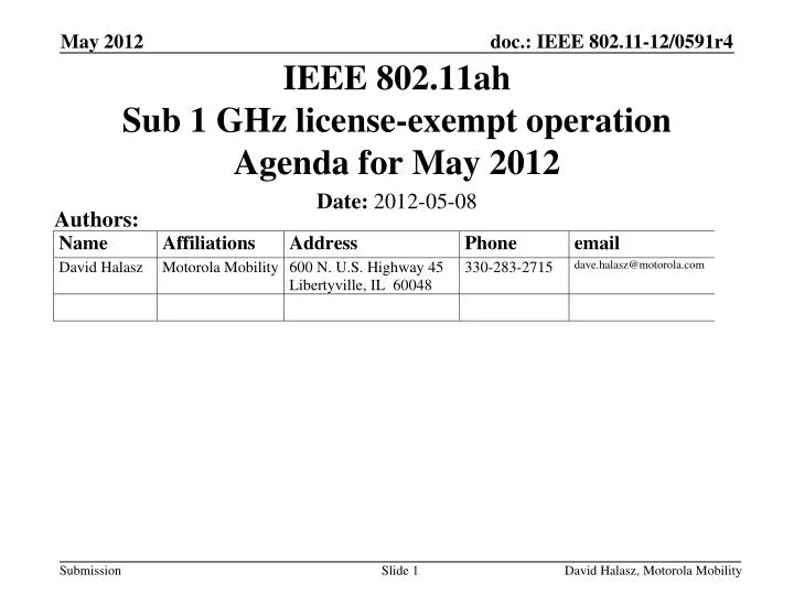 ieee 802 11ah sub 1 ghz license exempt operation agenda for may 2012