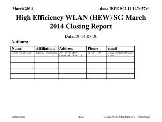 High Efficiency WLAN (HEW) SG March 2014 Closing Report