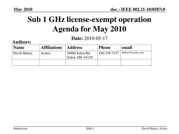 sub 1 ghz license exempt operation agenda for may 2010