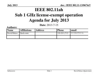 IEEE 802.11ah Sub 1 GHz license-exempt operation Agenda for July 2013
