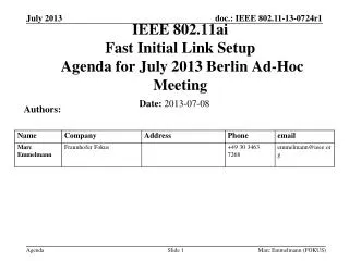 IEEE 802.11ai Fast Initial Link Setup Agenda for July 2013 Berlin Ad-Hoc Meeting