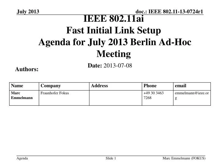 ieee 802 11ai fast initial link setup agenda for july 2013 berlin ad hoc meeting