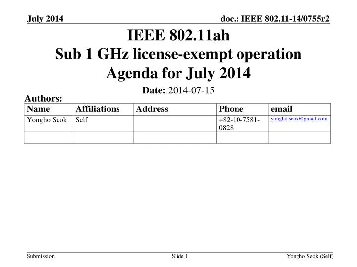 ieee 802 11ah sub 1 ghz license exempt operation agenda for july 2014