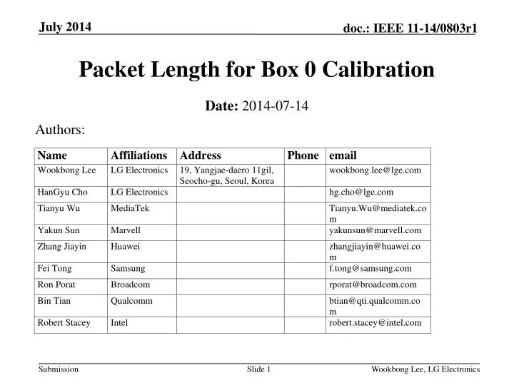packet length for box 0 calibration