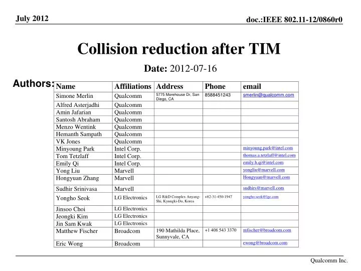 collision reduction after tim
