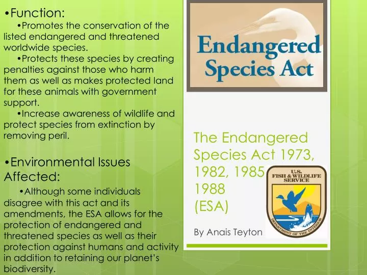 the endangered species act 1973 1982 1985 1988 esa