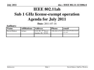 IEEE 802.11ah Sub 1 GHz license-exempt operation Agenda for July 2011