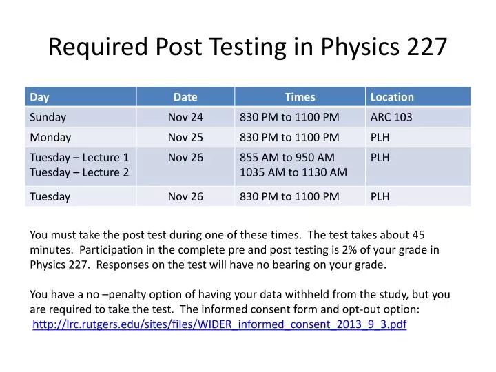 required post testing in physics 227