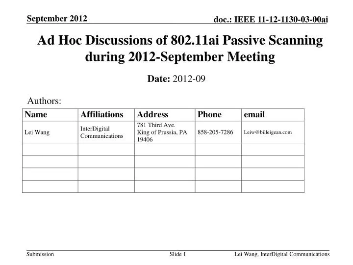 ad hoc discussions of 802 11ai passive scanning during 2012 september meeting