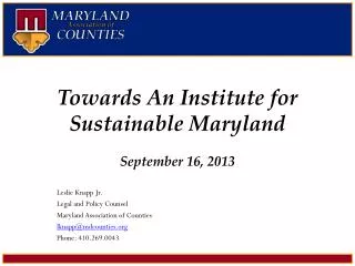 Towards An Institute for Sustainable Maryland September 16, 2013