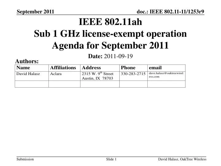ieee 802 11ah sub 1 ghz license exempt operation agenda for september 2011