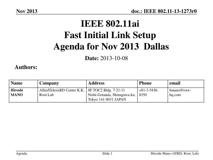 ieee 802 11ai fast initial link setup agenda for nov 2013 dallas