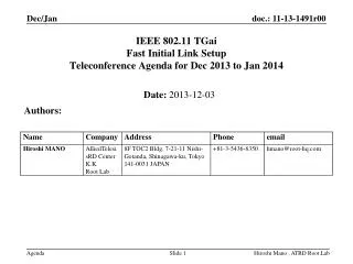IEEE 802.11 TGai Fast Initial Link Setup Teleconference Agenda for Dec 2013 to Jan 2014