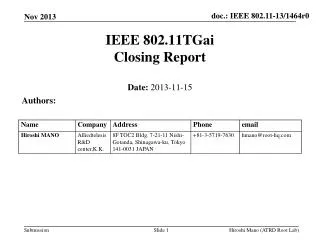 IEEE 802.11TGai Closing Report