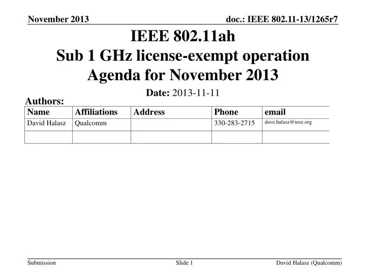 ieee 802 11ah sub 1 ghz license exempt operation agenda for november 2013