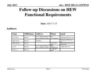 Follow-up Discussions on HEW Functional Requirements