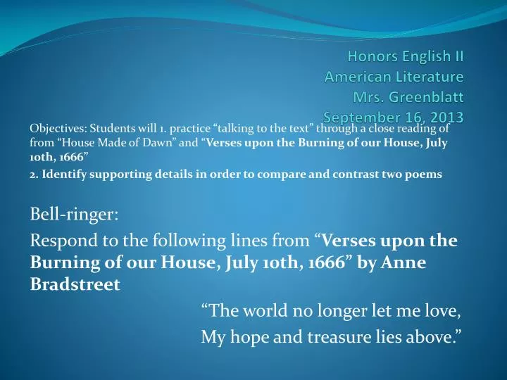 honors english ii american literature mrs greenblatt september 16 2013