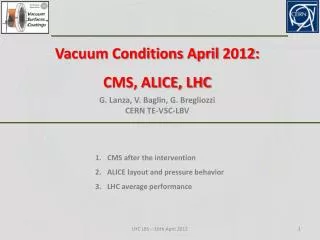 Vacuum Conditions April 2012: CMS, ALICE, LHC G. Lanza , V. Baglin, G. Bregliozzi CERN TE-VSC-LBV