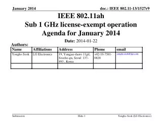 IEEE 802.11ah Sub 1 GHz license-exempt operation Agenda for January 2014