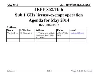 IEEE 802.11ah Sub 1 GHz license-exempt operation Agenda for May 2014