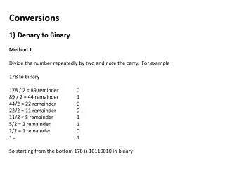 Conversions Denary to Binary Method 1