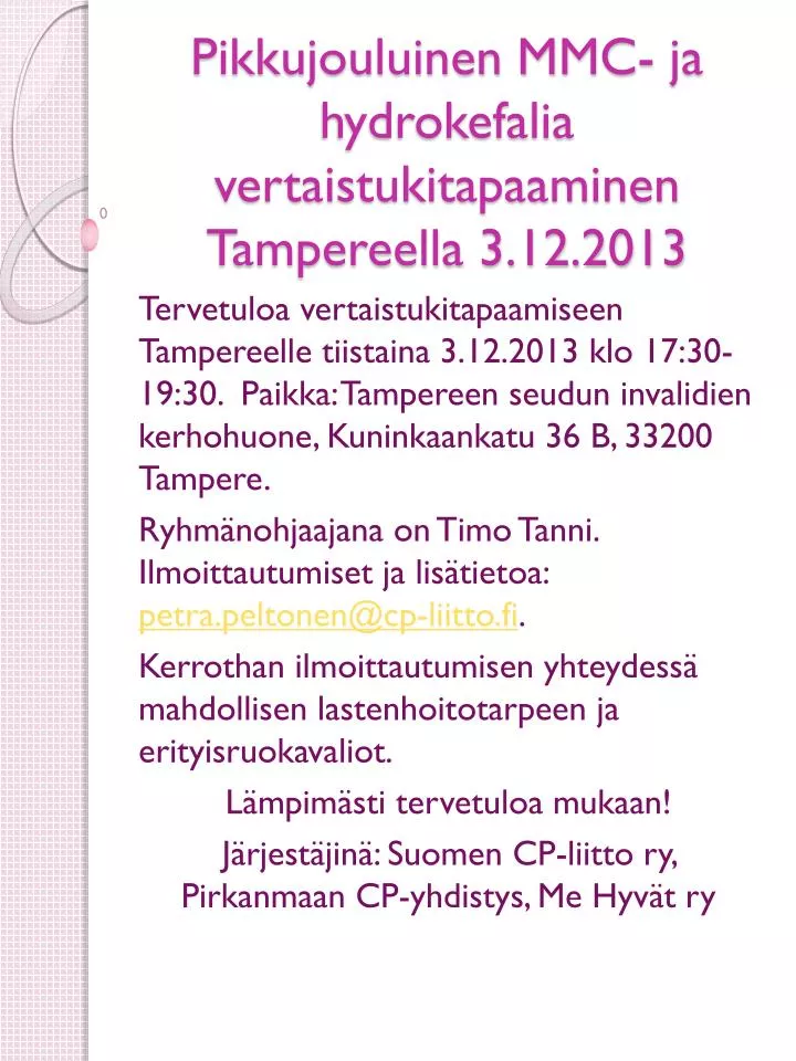 pikkujouluinen mmc ja hydrokefalia vertaistukitapaaminen tampereella 3 12 2013