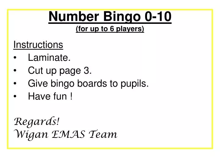 number bingo 0 10 for up to 6 players